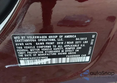 2012 Volkswagen Passat 2.5L Se z USA, uszkodzony, nr VIN 1VWBH7A3XCC079924